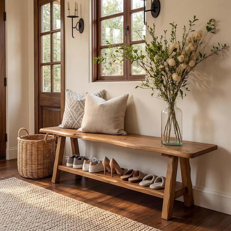 55-Inch Solid Wood Entryway Bench Indoor, Farmhouse Long End of Bed Bench with Live-Edge - 55.1" W x 13.8" D x 17.7" H