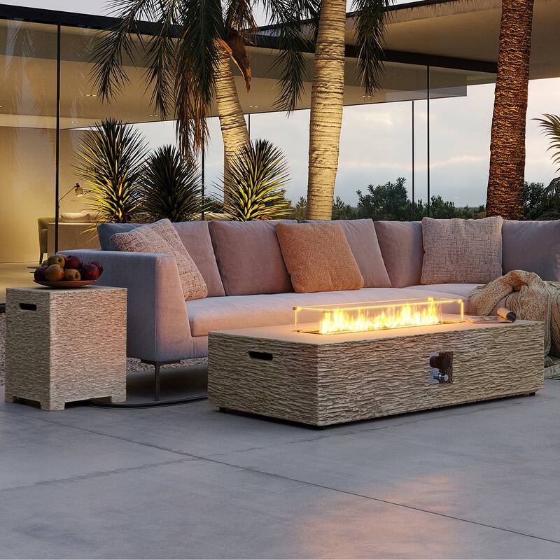 Patio Watcher 56in. Outdoor Rectangle Magnesium Oxide Fire Pit Table with Gas Tank Cover and Wind Guard