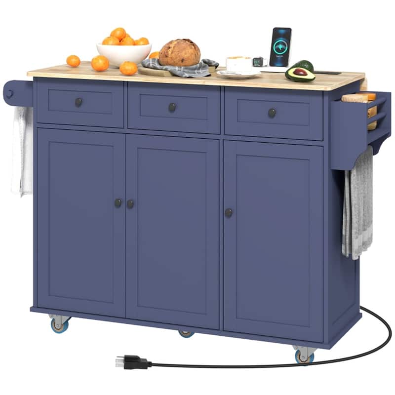 Kitchen Island Cart with Drop Leaf and Built-In Power Outlets Storage Drawers and Rolling Wheels - 53.1" W x 29.5" D x 37.2" H - DarkBlue-Oak