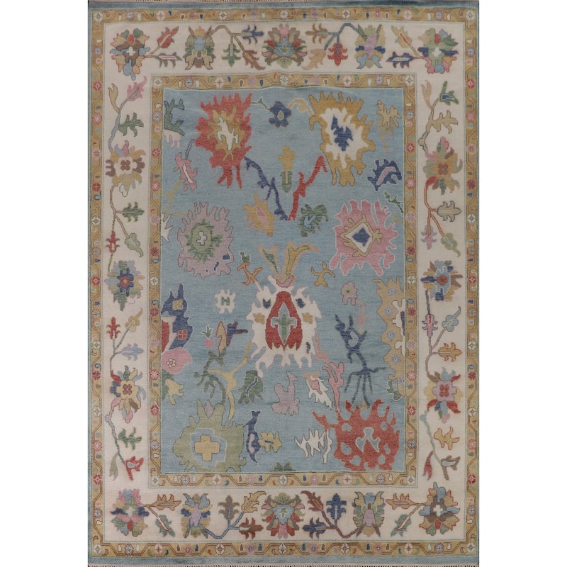 Light Blue Floral Oushak Oriental Area Rug Handmade Wool Carpet - 9'0"x 11'9"