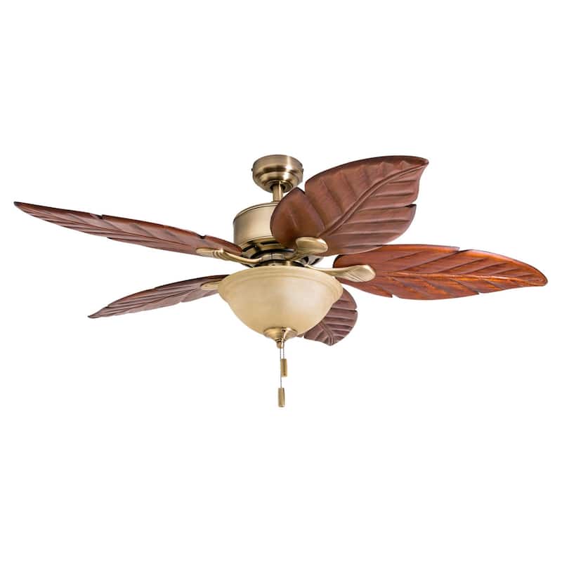52" Honeywell Royal Palm Aged Brass LED Ceiling Fan with Light, Pull Chain