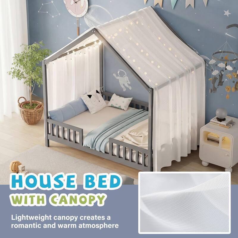 Whimsical Montessori-Inspired Floor Bed with Canopy & Full Safety Rails by Harper&Bright Designs