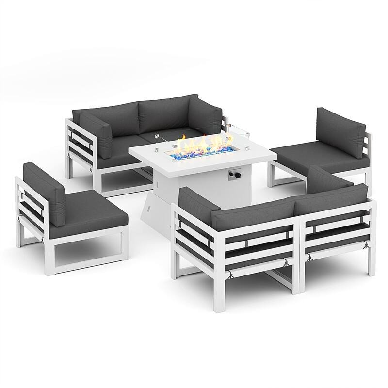 FINCATI Modern 7 Piece White Aluminum Outdoor Furniture Set with Propane/Natural Gas Firepit Table