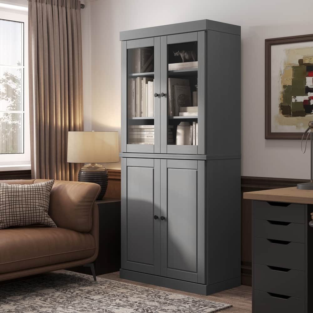 Palace Imports Solid Wood 6-Shelf Bookcase, Raised Panel Clear Glass Doors, Adjustable Shelves