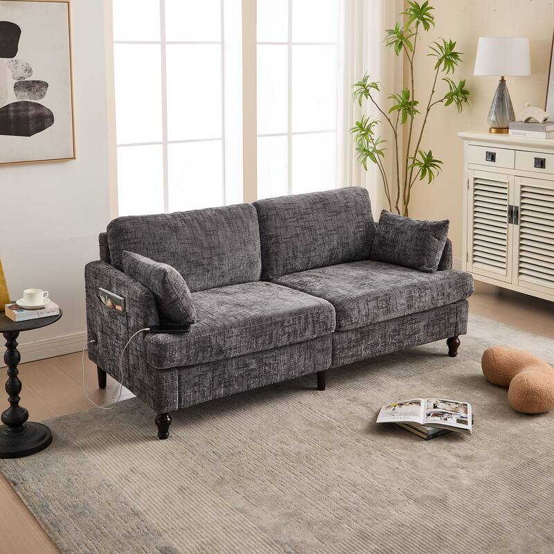 Modern Style Chenille 2-Seater Wood-Legged Sofa With Led Light,USB Charging Port And Storage Bag Living Room Bedroom Study Room