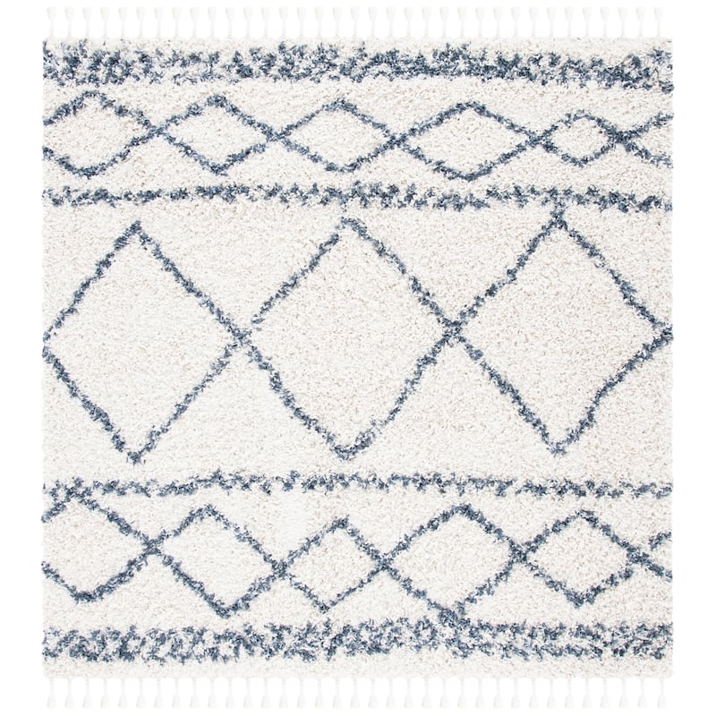 SAFAVIEH Pro Lux Shag Dottie Moroccan Tassel 2.4-inch Thick - 6'7" Square - Ivory/Blue - Runner/Square