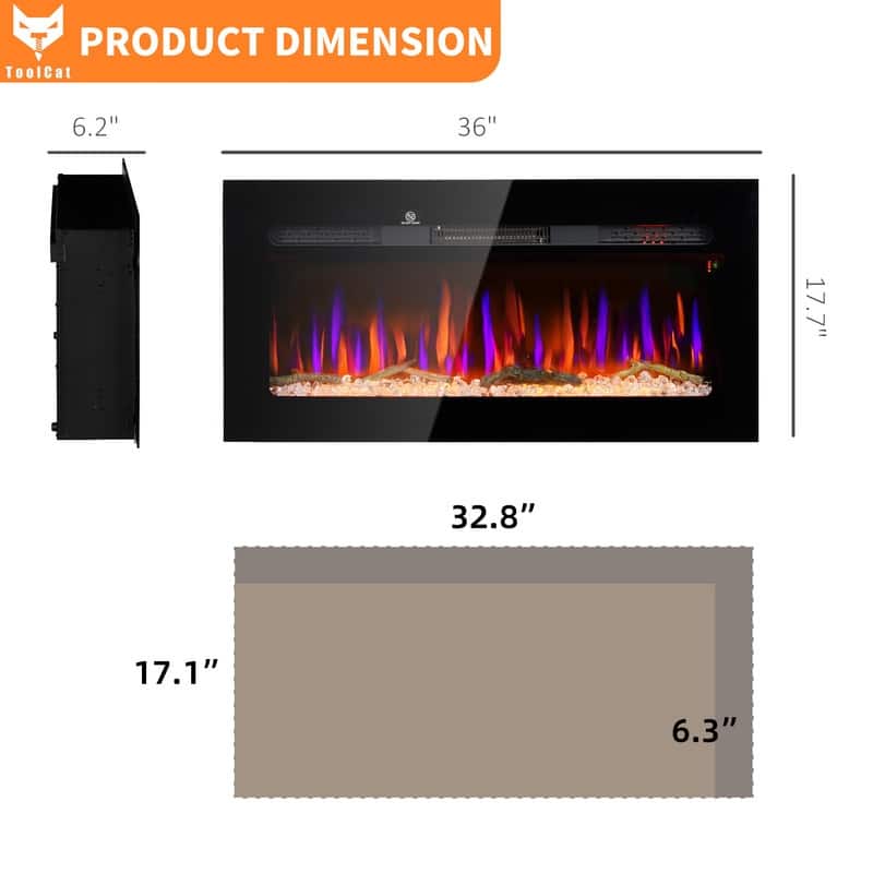 36/40/50/60 in. Wall Mount Recessed Electric Fireplace in Black, Remote Control, 8H Timer, Adjustable Flame & Brightness