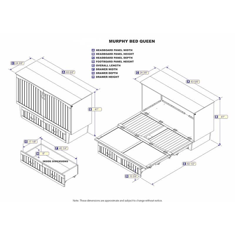 Sydney Queen Murphy Bed Chest with 6" Mattress, Storage Drawer & Built-In Charger in White