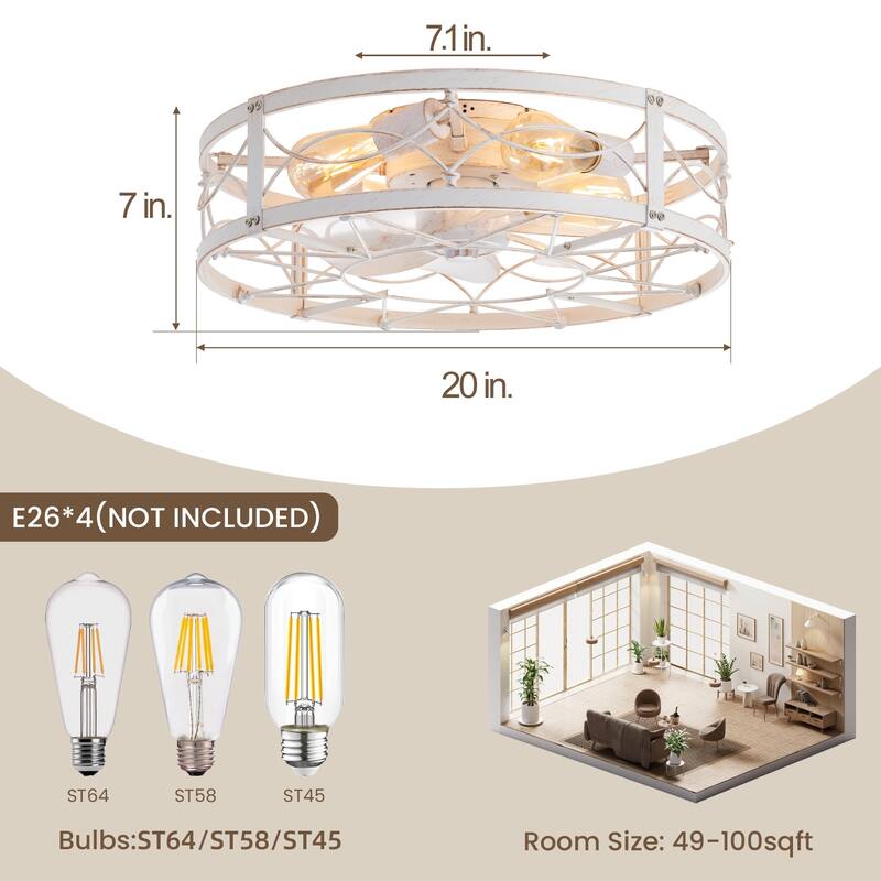 20-in Vintage Distressed White Caged Ceiling Fan with Light and Remote (7-Blade)