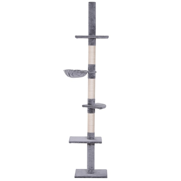 PawHut 8.5' Adjustable Height Floor-To-Ceiling Vertical Cat Tree with 5 Carpeted Platforms & 3 Sisal Rope Scratching Areas. Opens flyout.
