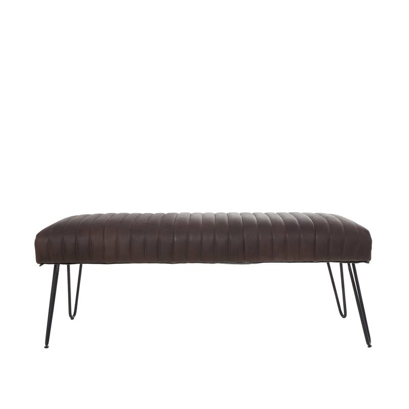 Brown Leather Upholstered Bench with Linear Tufted Panels and Black Metal Hairpin Legs