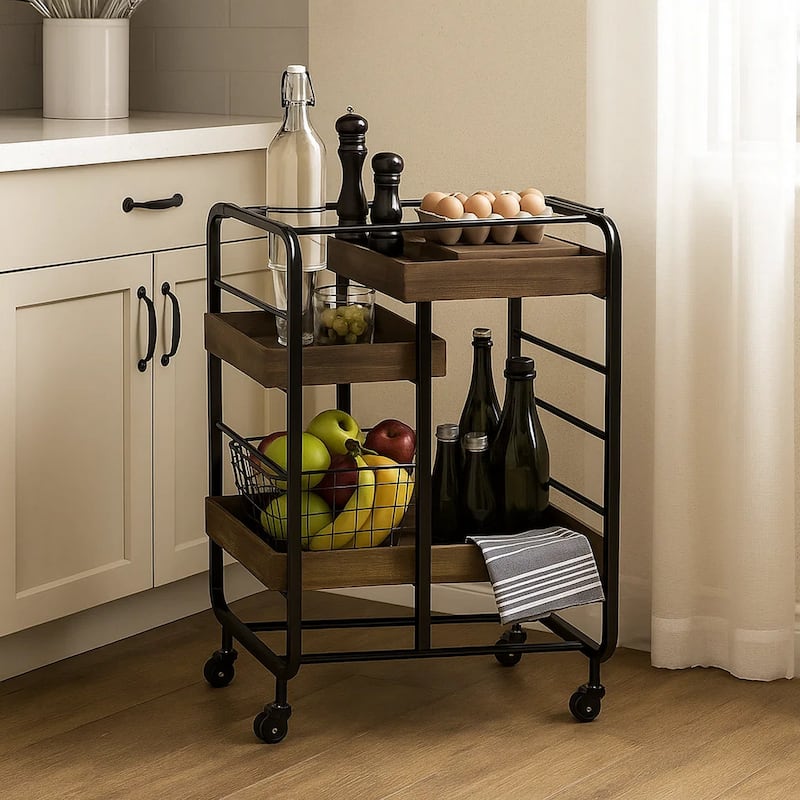 Metal Frame Serving Cart with 3 Open Storage and Casters, Brown and Black