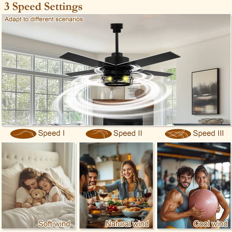 52 Inch Ceiling Fans with Lights and Remote, Reversible Airflow, Noiseless for Bedroom, Living Room, Indoor/Outdoor Use
