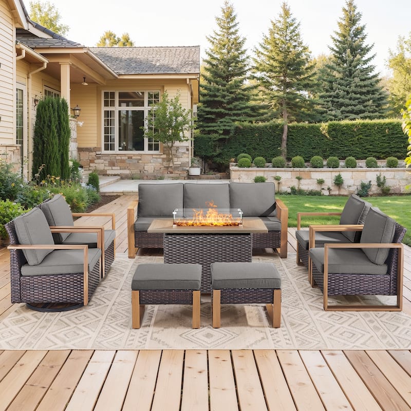 Meyreso Wicker Outdoor Patio Fire Pit Set with Swivel Gliders and Olefin Cushions