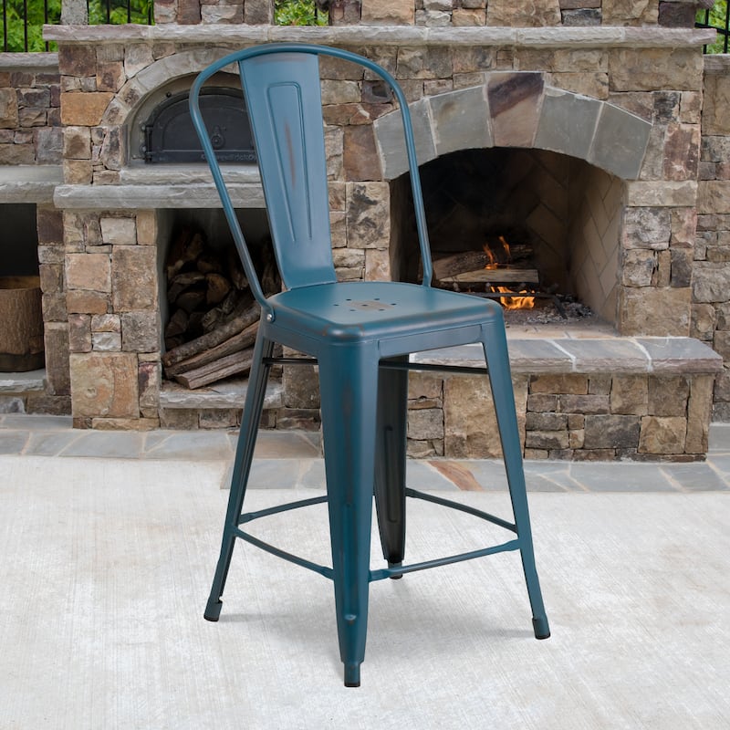 24-inch High Distressed Metal Indoor/Outdoor Counter Height Stool - 17.75"W x 22"D x 40.25"H