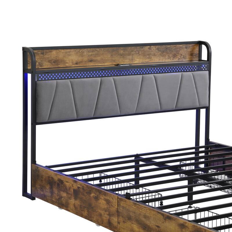 Full Size Metal Platform Bed with 4 Storage Drawers, LED Lights & Charging Station