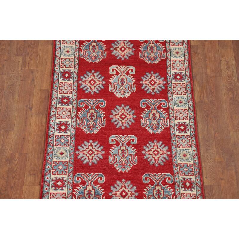 Red Geometric Kazak Oriental Runner Rug Handmade Wool Carpet - 2'8" x 9'4"