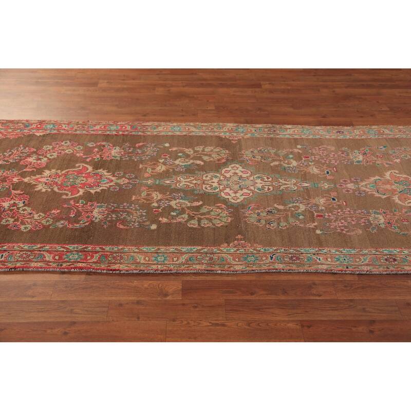 Brown Floral Mahal Persian Runner Rug Handmade Wool Carpet - 3'4"x 10'11"