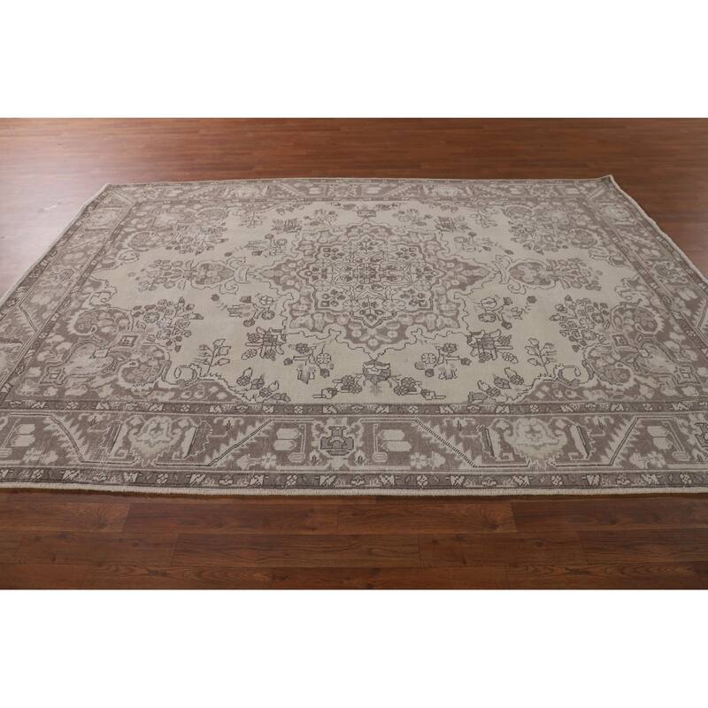 Distressed Tabriz Persian Vintage Area Rug Handmade Beige Wool Carpet - 6'7" x 9'6"