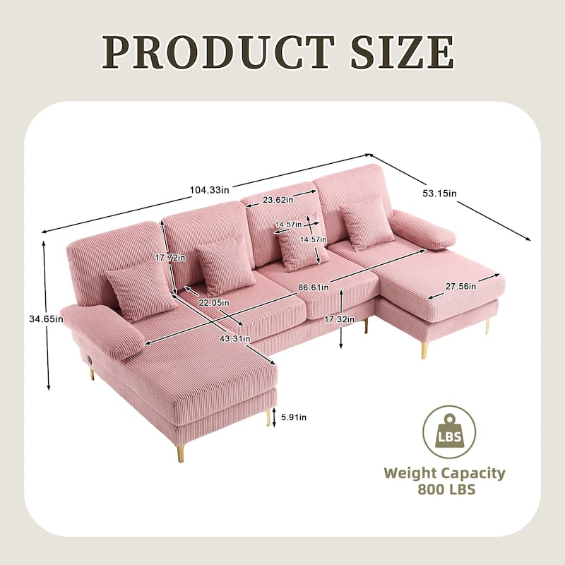 HOMEFUN Corduroy Upholstered U-shaped Adjustable Light Modular Sectional Sofa With Type-C and USB ports