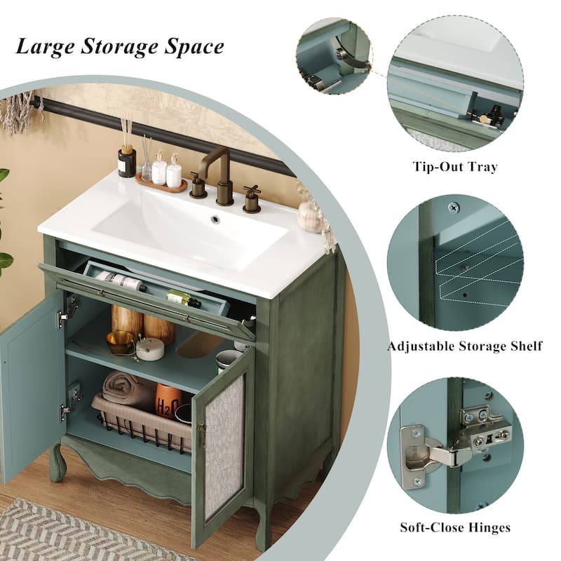30" Vintage Bathroom Vanity Cabinet with Rectangle Ceramic Sink, Tip-Out Drawer, Antique Handles & Solid Wood Legs