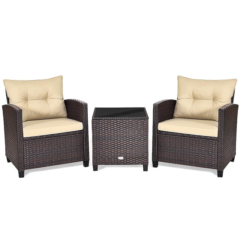 Outdoor 3-piece Cushioned Rattan Patio Furniture Conversation Set - Beige