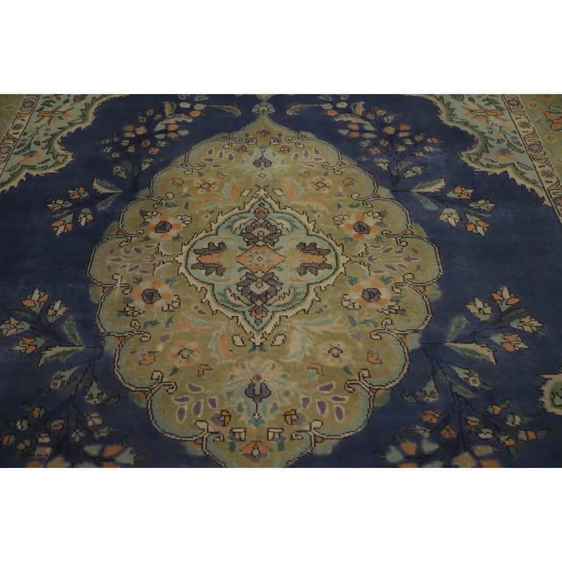 Hand Knotted Oriental 100% Wool Carpet Traditional Medallion Navy Blue & Blues Tabriz Area Rug - 9' 7'' X 6' 6''