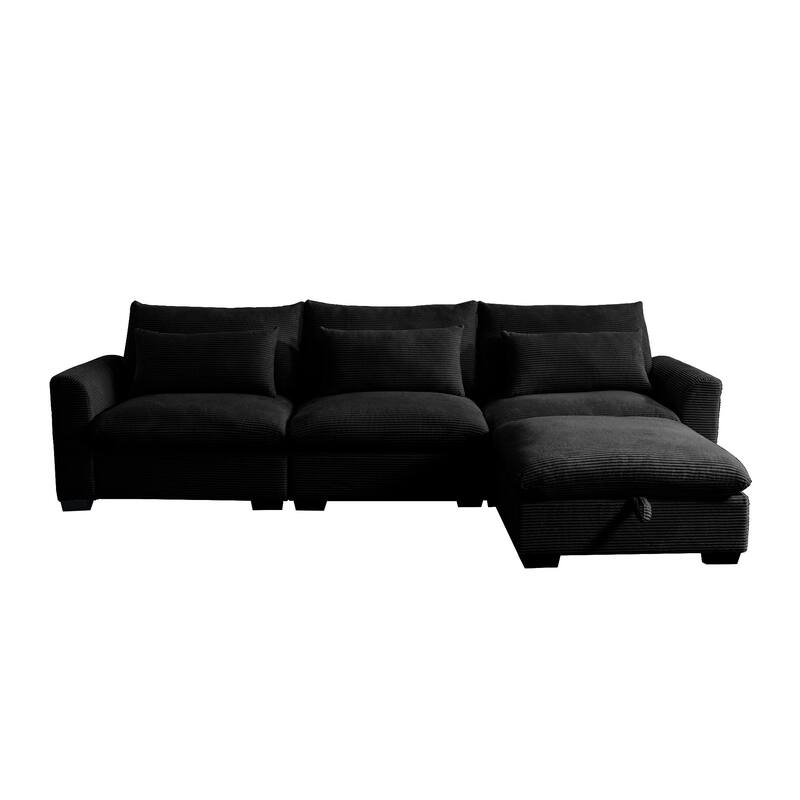 Modern L Shaped Modular Corduroy Sofa with Storage Ottoman and Plush Cushions for Living Room or Guest Room