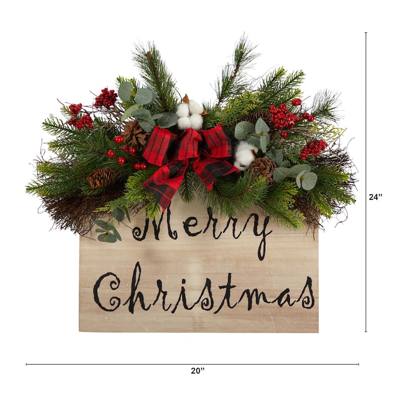 20" Holiday Merry Christmas Door Wall Hanger with Pinecones and Berries Gingham Plaid Bow Wall Art Décor