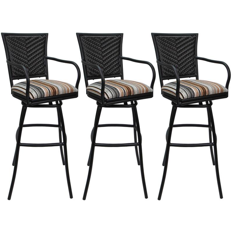 Set of 3 Outdoor Indoor Bar Stool Counter, Extra Tall - Erin with Arms - Driftwood Neutral - Black - Counter Height