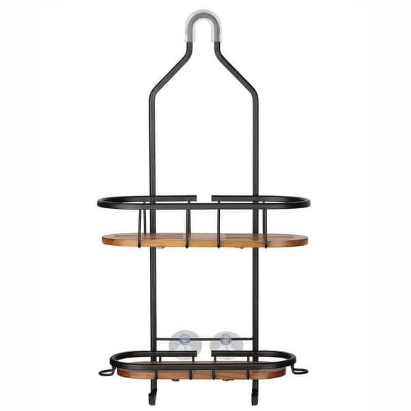Utopia Alley Tia Rustproof Teak Overhead Shower Caddy with 2 Shelves, Hanging Shower Head Organizer, Chrome & Matte Black Finish - Black - 11*5*20.5"