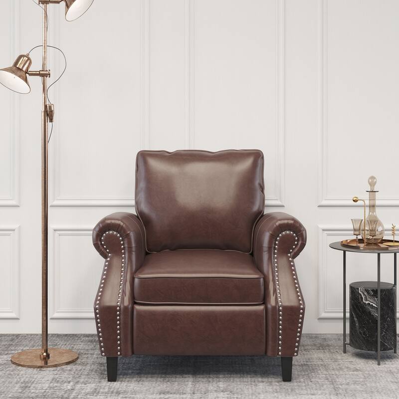 Roomfitters Faux Leather Accent Chair with Rolled Arms and Nailhead Trim, Upholstered Armchair for Living Room, Brown
