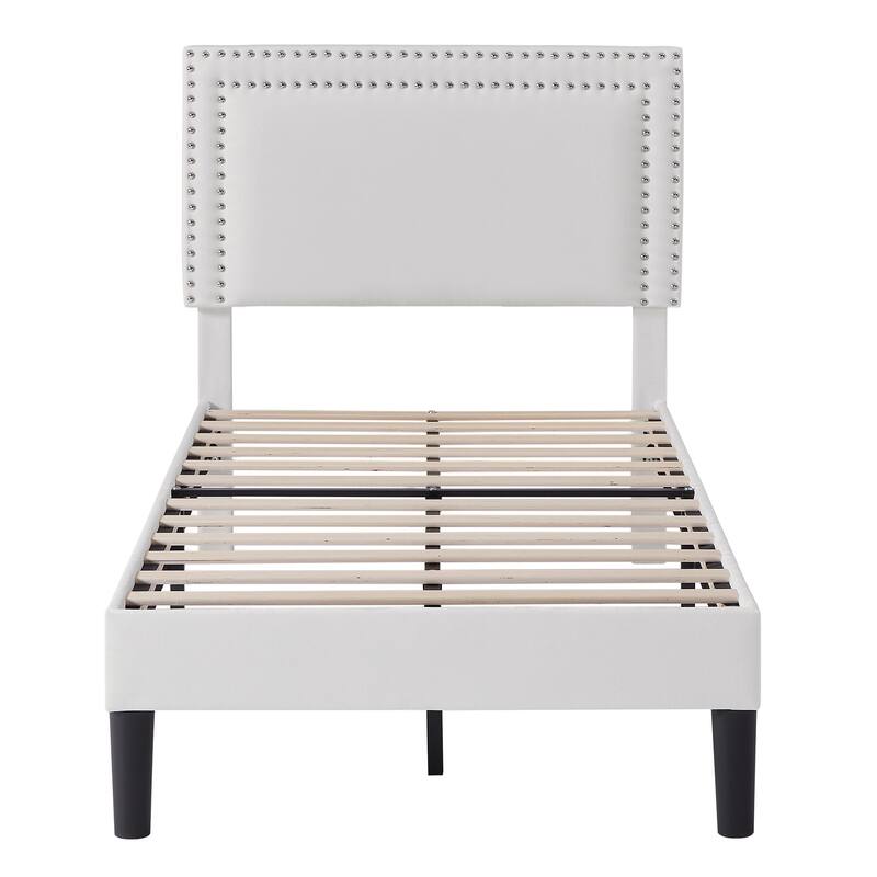 2 Pcs Upholstered Twin Size Platform Bed with Adjustable Headboard