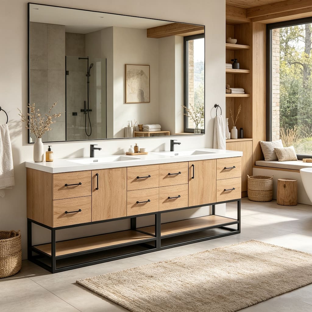 Prismella 60" 72" 84" Oak & Black Bathroom Vanity with Open Bottom Shelf