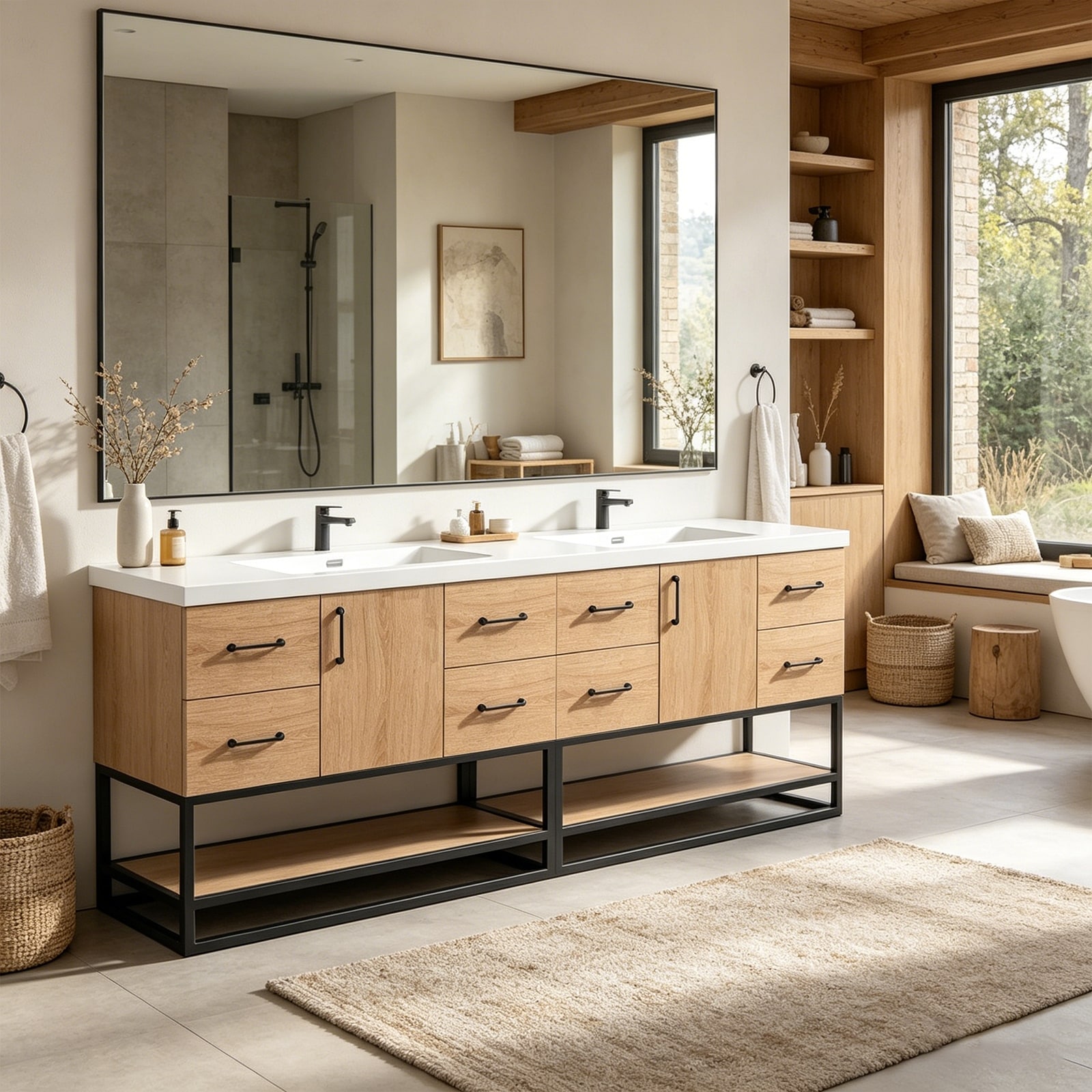 Prismella 60" 72" 84" Oak & Black Bathroom Vanity with Open Bottom Shelf