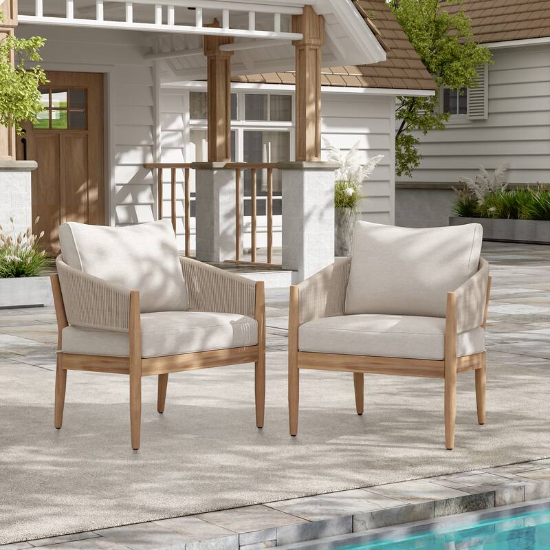 Roomfitters Verona Outdoor Acacia Wood Club Chairs with Rope Detail, Natural Finish and Beige Set of 2 - Set of 2 - Beige,Light Brown,Natural