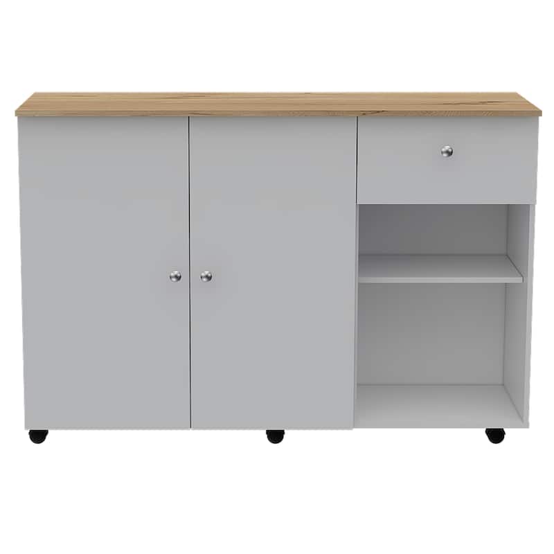 TUHOME Victoria Kitchen Island with 4 Interior Shelves, Casters, Drawer and Double Door Cabinet