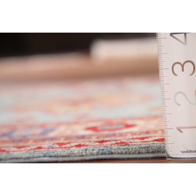 Light Blue Geometric Kazak Runner Rug Hand-Knotted Wool Carpet - 2'8" x 6'6"