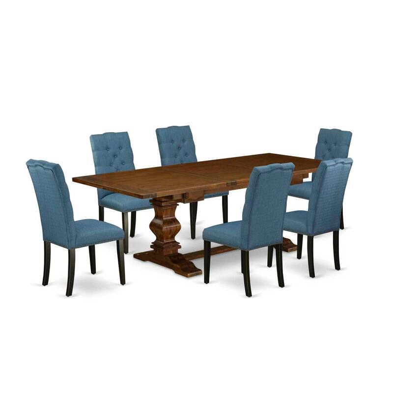 7-Piece Dinette Set - Linen Fabric Chairs, Antique Walnut Table - Dining Room Set for 6 - 92