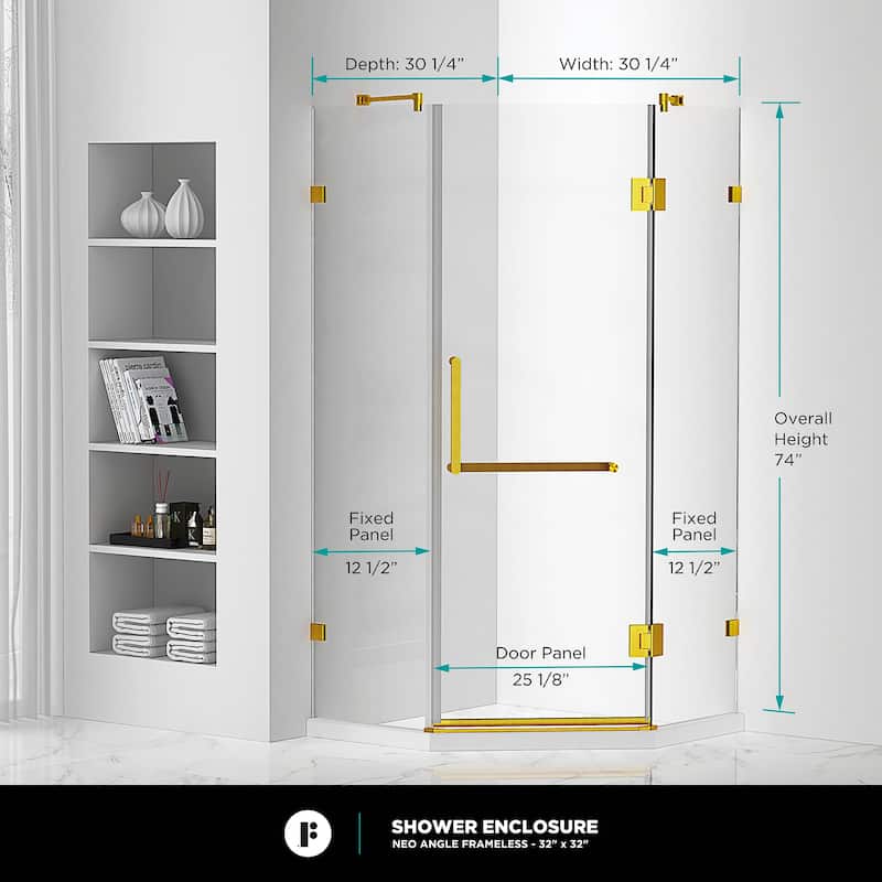 Neo Angle, Acrylic Shower Base with Compatible Glass Frameless Shower Enclosure