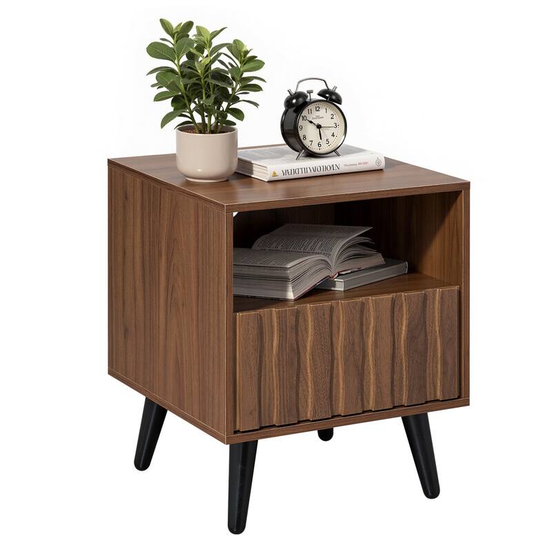 Mid-Century Modern Nightstand, Fluted End Table Drawer & Open Storage