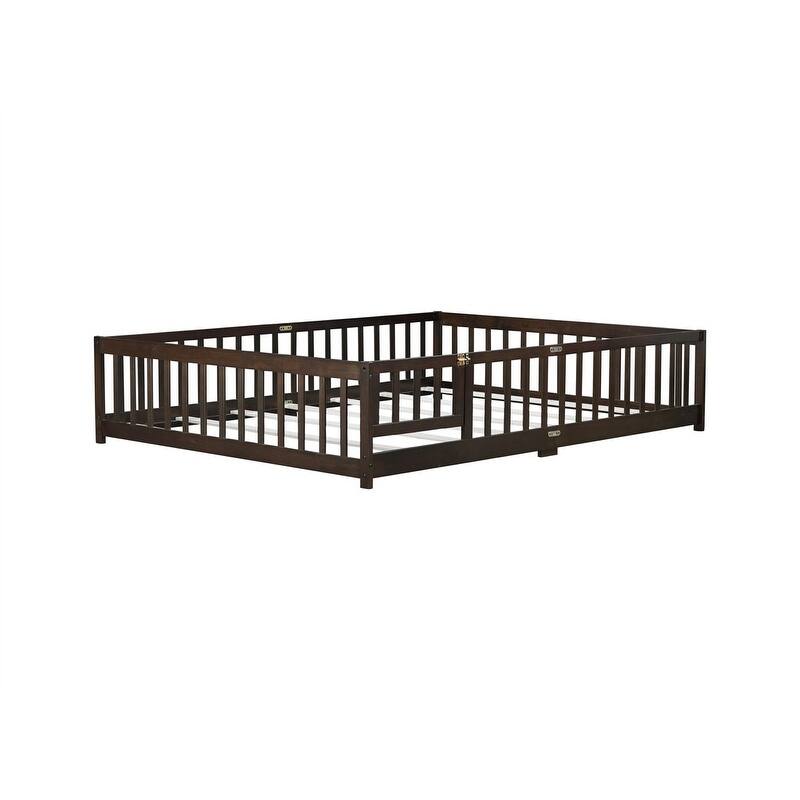 Twin/Full/Queen Size Floor Bed with Fence Guardrails and Door, Rubber Wood Toddler Bed Montessori Bed with Slats Support