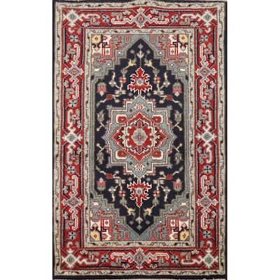 Geometric Blue Heriz Serapi Foyer Rug Hand-Knotted Wool Carpet - 3'0" x 4'11"