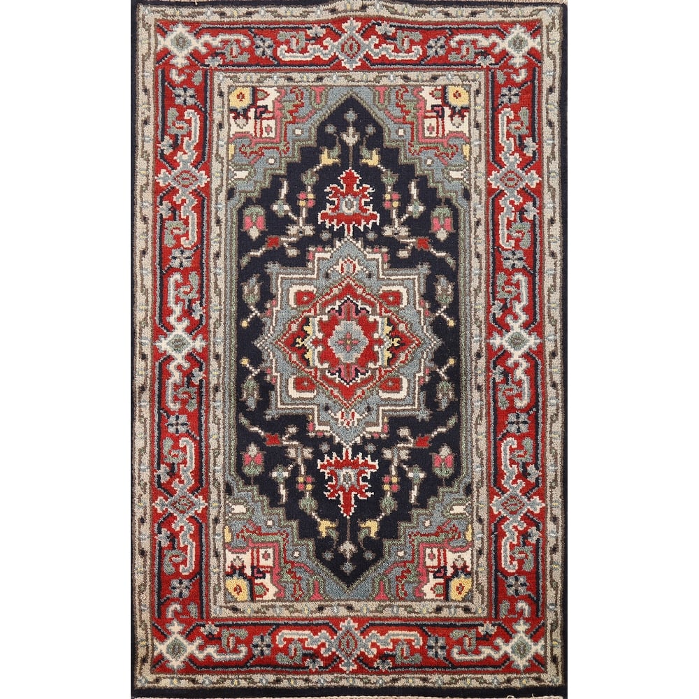Hand Knotted Oriental 100% Wool Carpet Traditional Medallion Navy Blue & Blues Heriz (serapi) Area Rug - 4' 11'' X 3' 0''