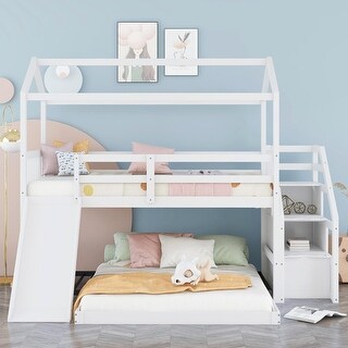 Twin over Full House Bunk Bed with Convertible Slide and Storage ...