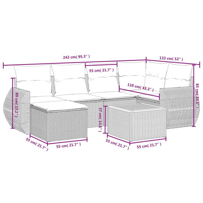 vidaXL Patio Sofa Set with Cushions Outdoor Furniture 7 Piece Poly Rattan - 21.7 x 21.7 x 14.6