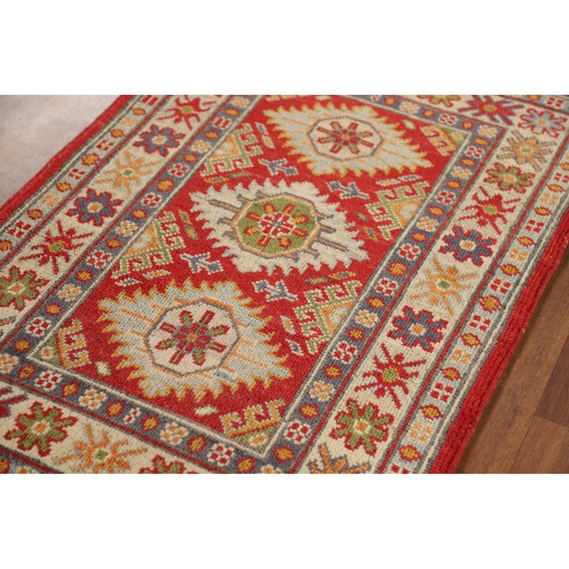 Geometric Kazak Oriental Foyer Rug Handmade Red Wool Carpet - 2'0" x 2'11"