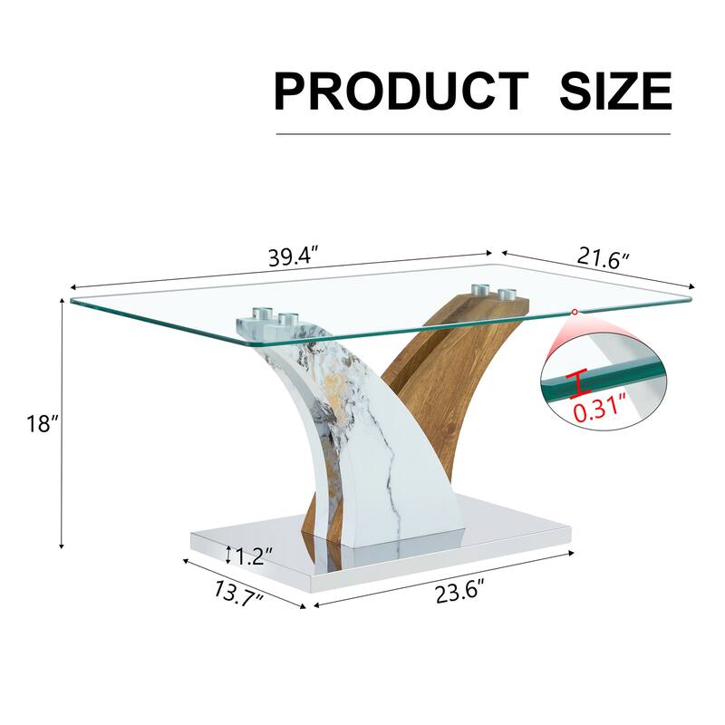 39.4" Modern Rectangular Coffee Table with Tempered Glass Countertop and Artistic MDF Legs