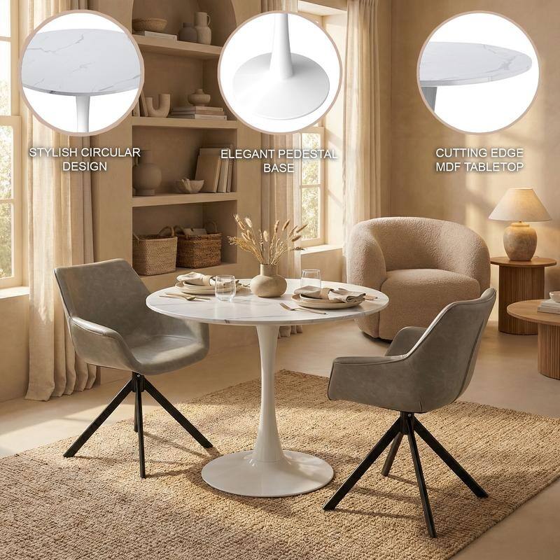 Bristol Modern Round Dining Table with Stain Resistant Solid Wood Top and White Pedestal Base for Home, Cafes and Restaurant