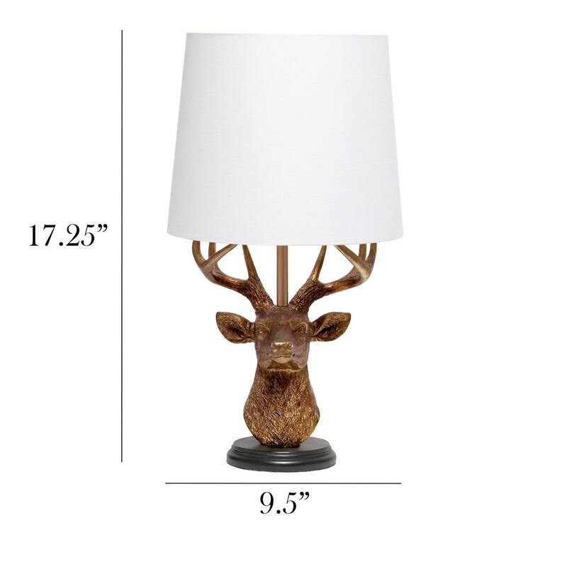 Copper Deer Head Table Lamp Rustic Style White Fabric Shade Accessible Switch - 9.50” x 9.50” x 17.25”